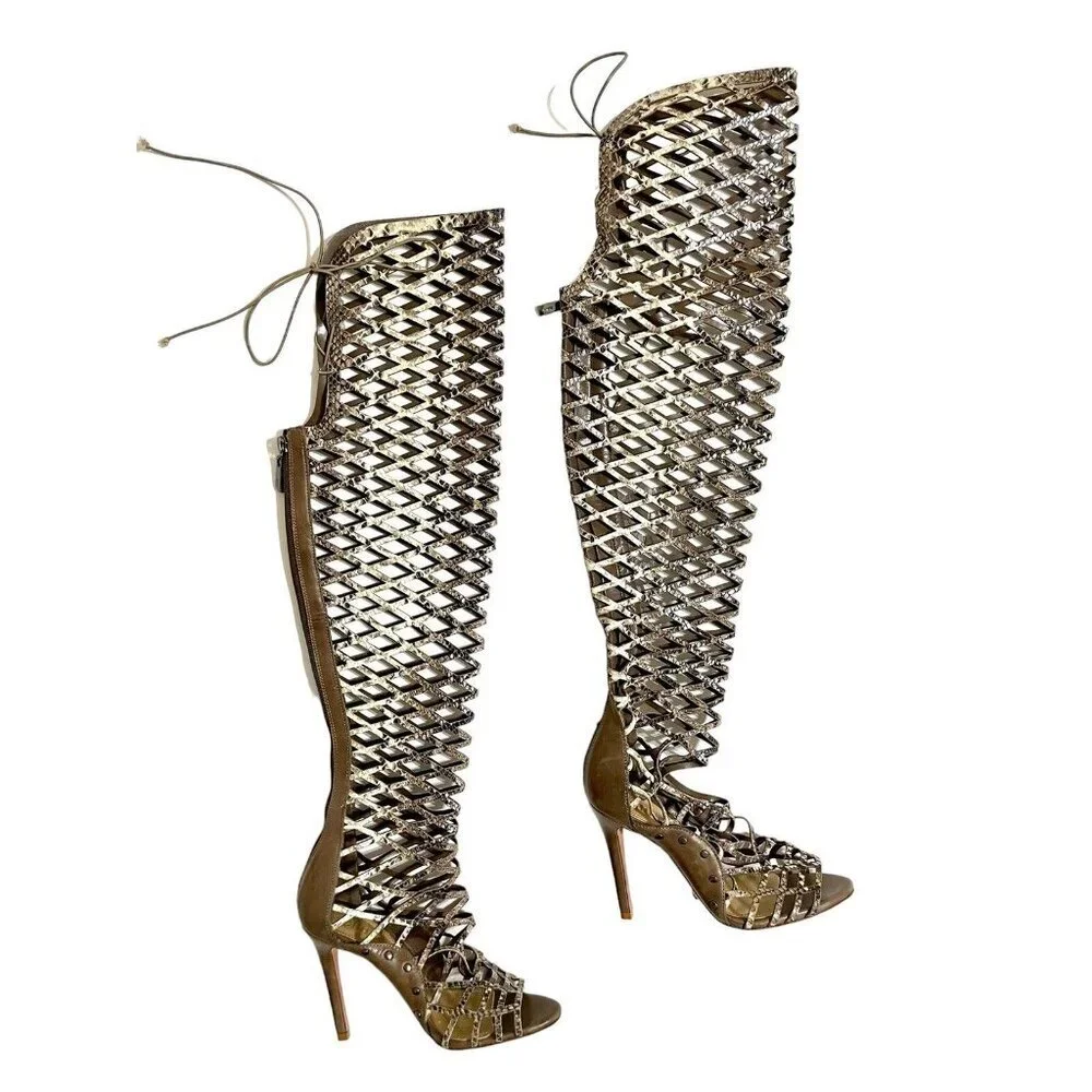 Schutz Karlyana Caged Over The Knee Laser Cut Peep Toe Boots Snake Print